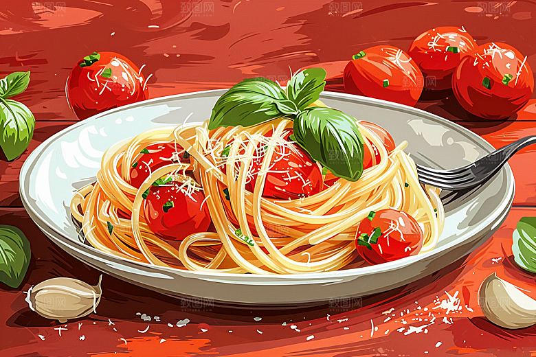 意大利面清新彩色插画