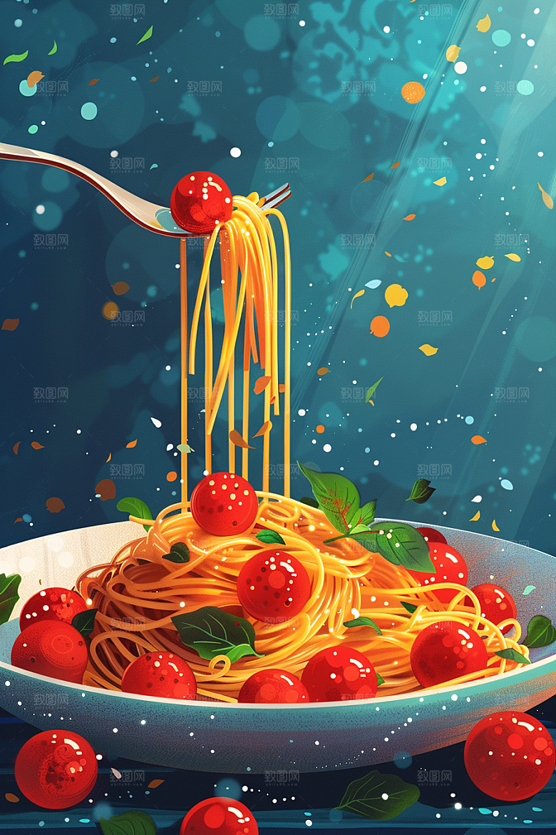 意大利面美食彩色插画