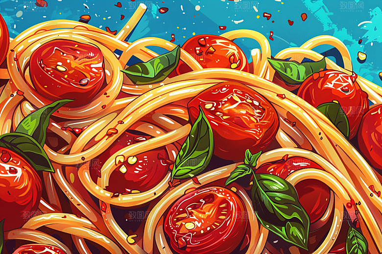 意大利面彩色肉酱面插画