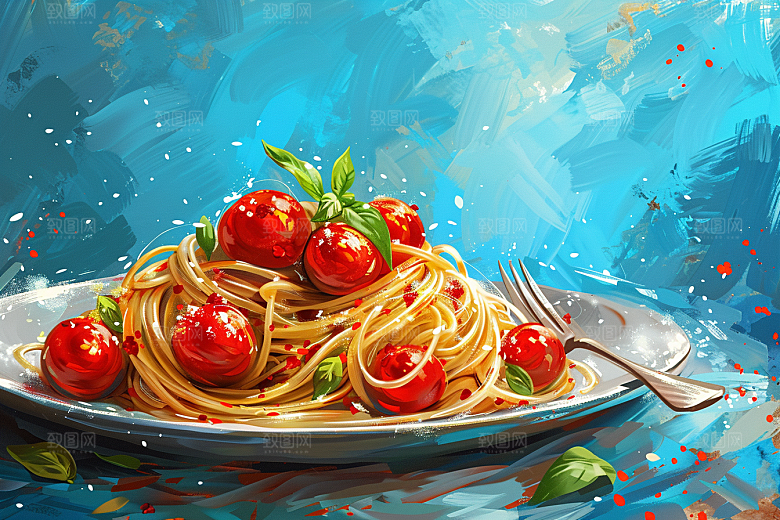 意大利面彩色肉酱面插画