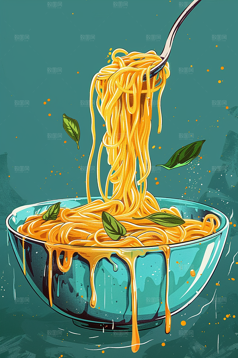 意大利面彩色绘本风插画