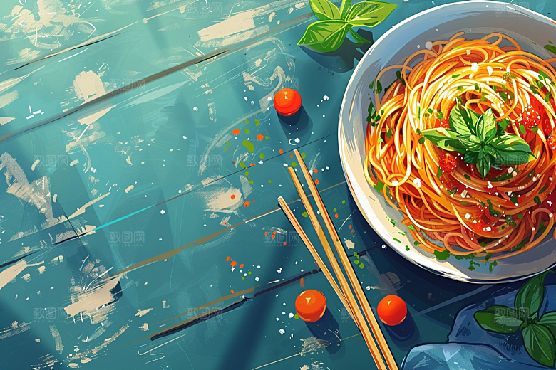 意大利面西餐彩色插画