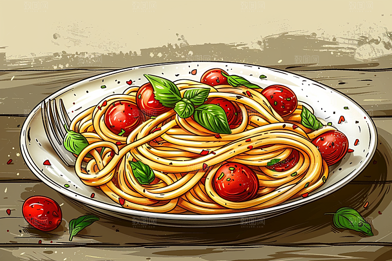 意大利面肉酱面绘本风插画