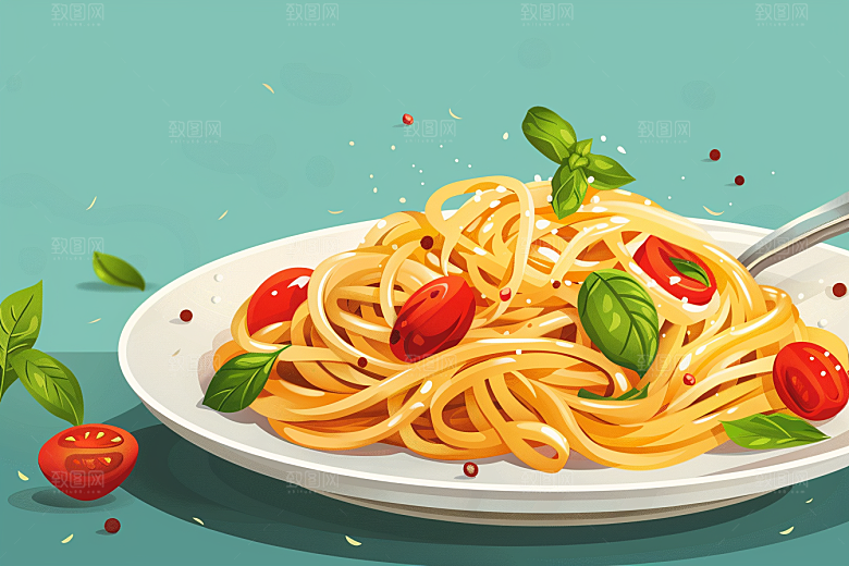 意大利面彩色美食插画