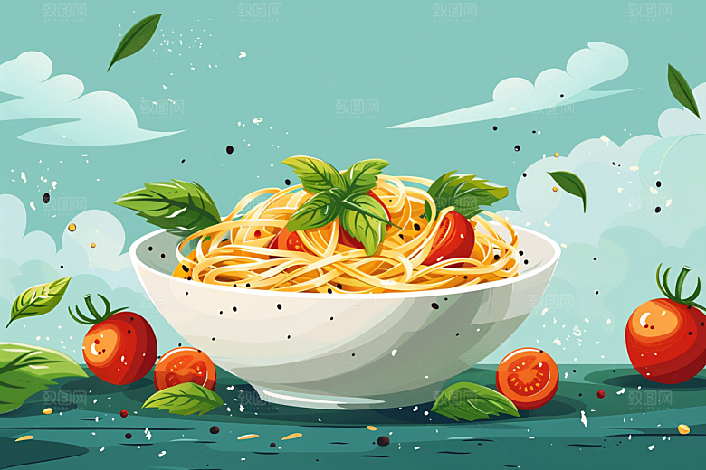 意大利面面条绘本风插画