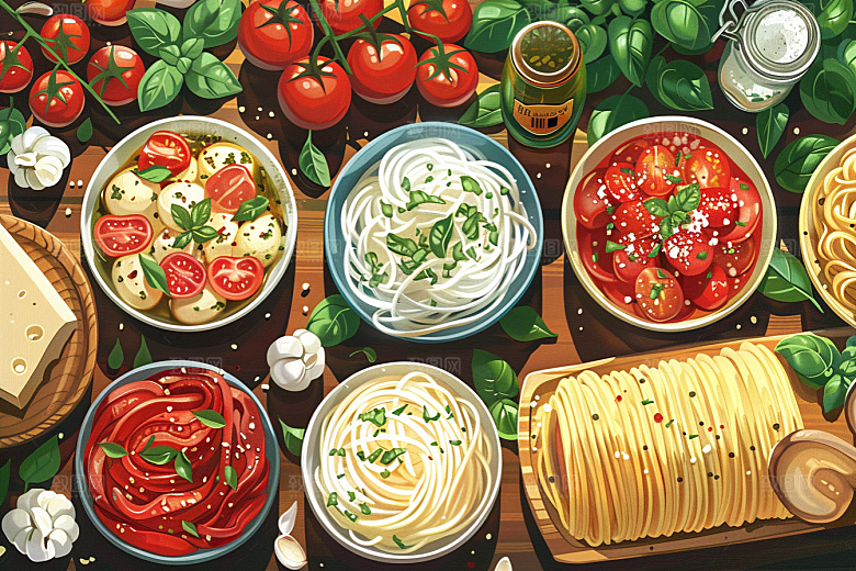 意大利面肉酱面绘本风插画
