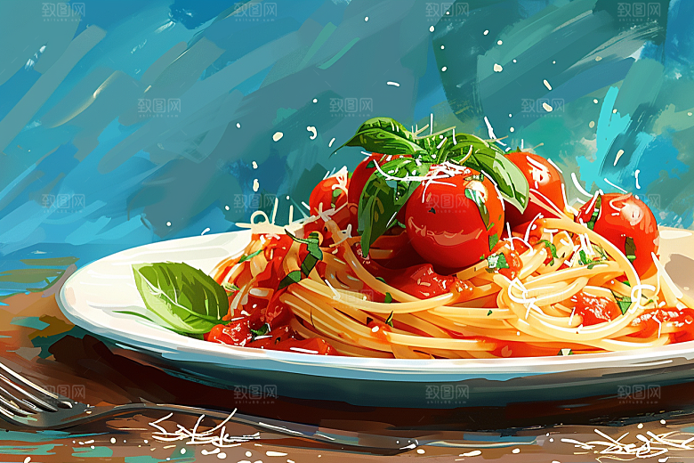 意大利面彩色美食插画