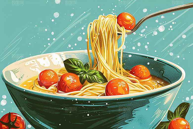 意大利面肉酱面彩色插画