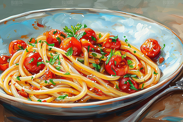 意大利面肉酱面绘本风插画