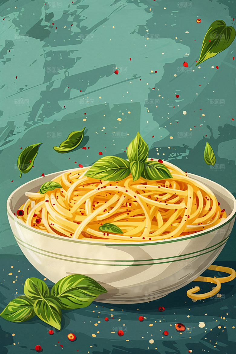 意大利面绘本风美食插画