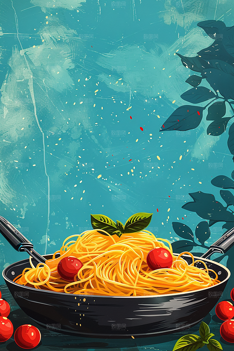 意大利面肉酱面绘本风插画