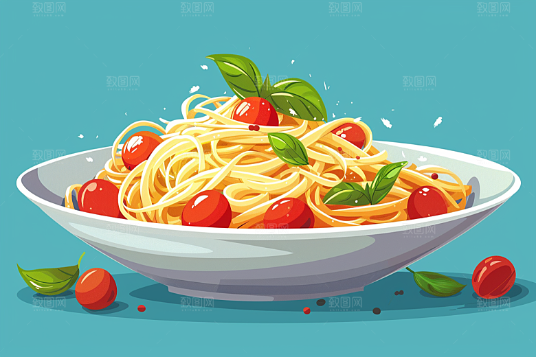 意大利面肉酱面彩色插画