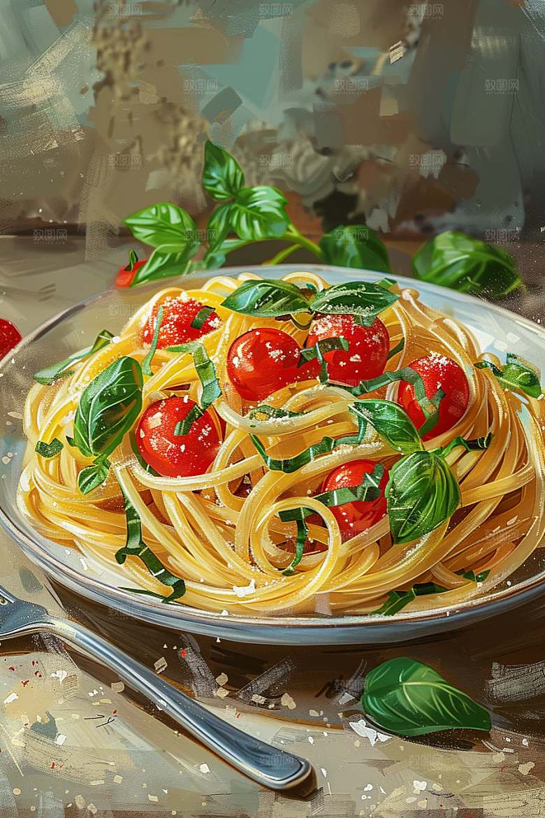 意大利面彩色肉酱面插画