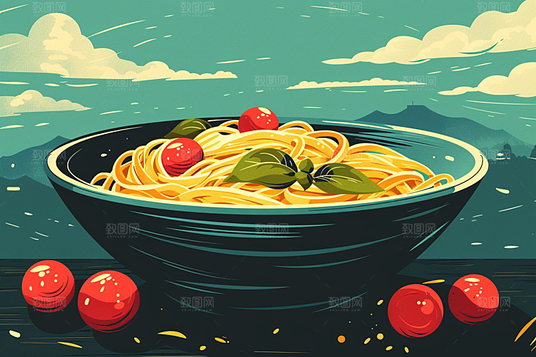 意大利面手绘肉酱面插画
