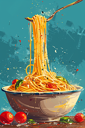 意大利面艺术感肉酱面插画