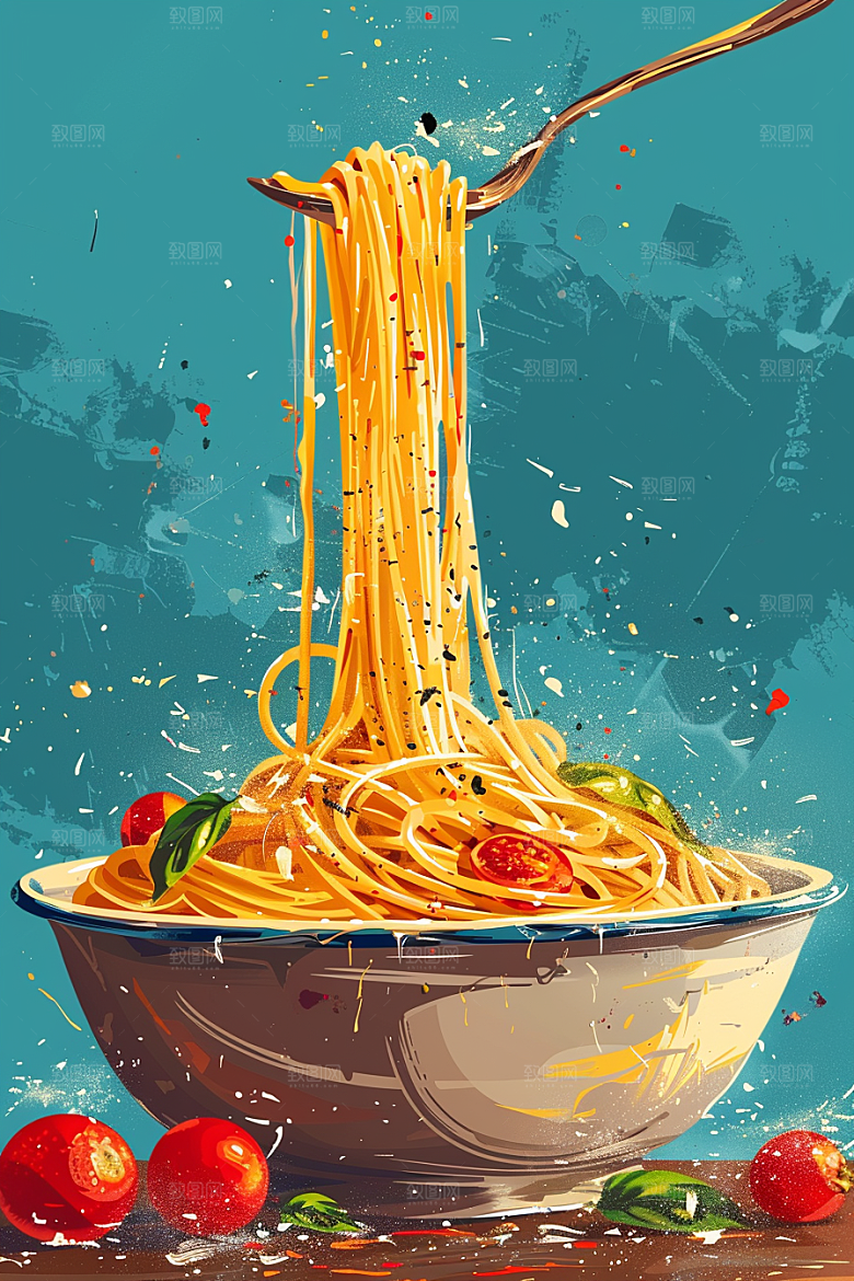 意大利面艺术感肉酱面插画