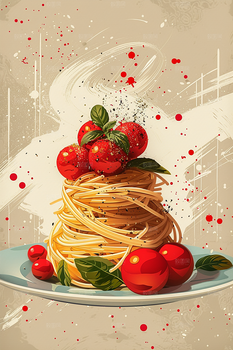 意大利面手绘卡通插画