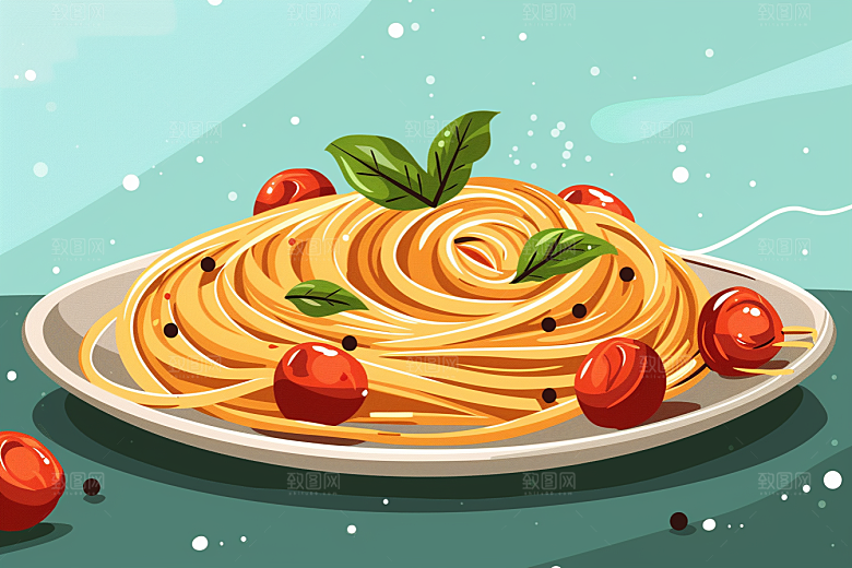意大利面肉酱面彩色插画