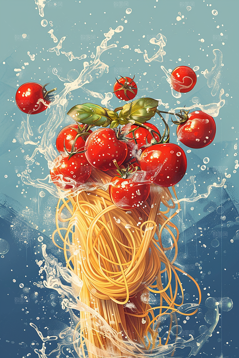 意大利面西餐手绘插画