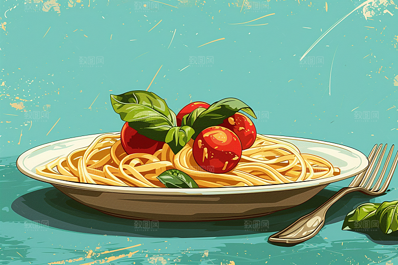意大利面彩色绘本风插画