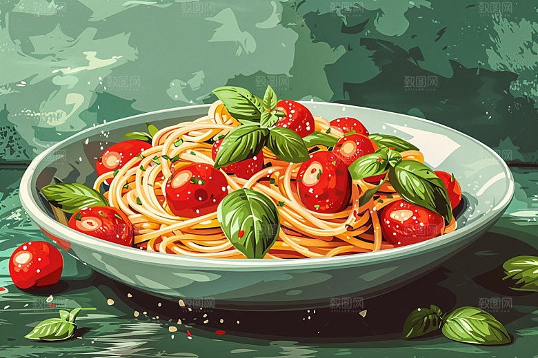 意大利面彩色肉酱面插画