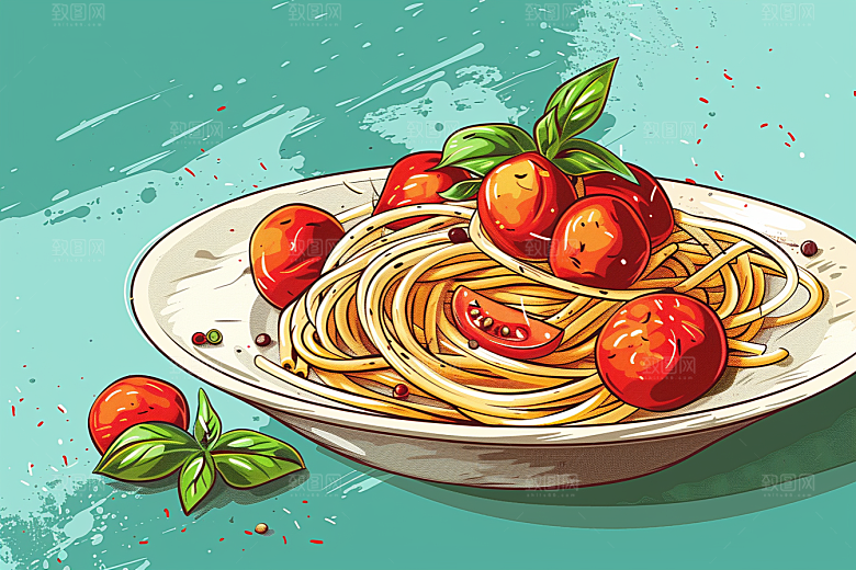 意大利面清新手绘插画