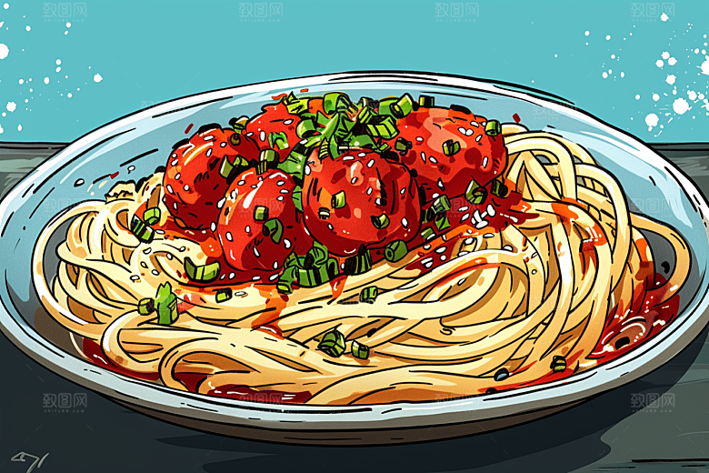 意大利面彩色肉酱面插画