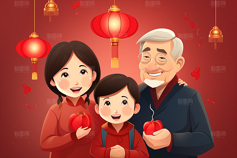 新年一家人亲情欢聚插画