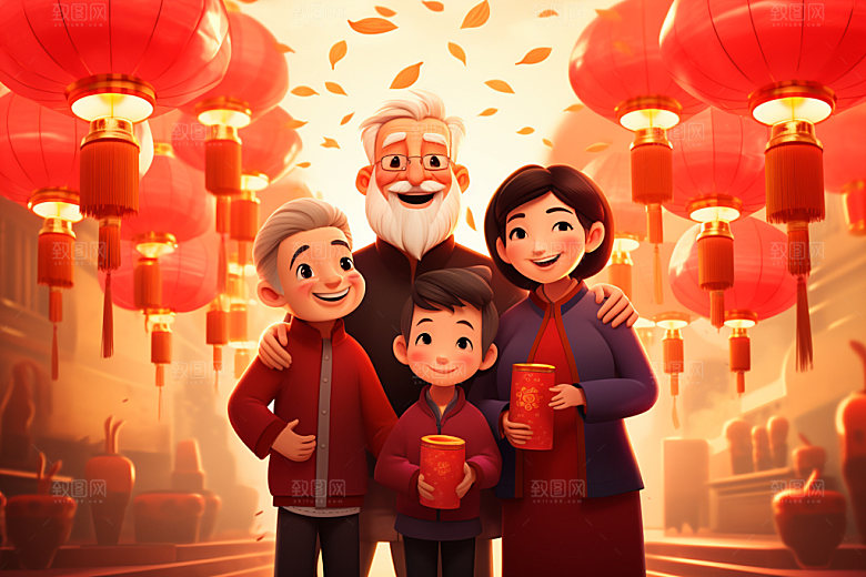 新年一家人欢聚春节插画