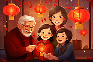 新年一家人手绘春节插画