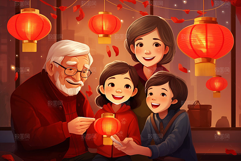 新年一家人手绘春节插画