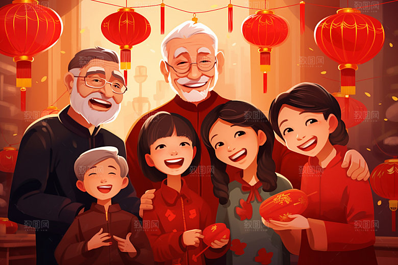 新年一家人过年春节插画