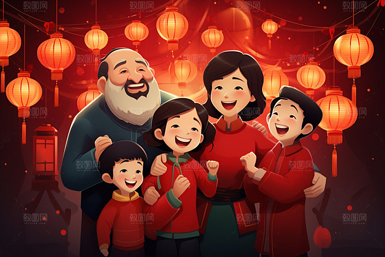 新年一家人热闹喜庆插画