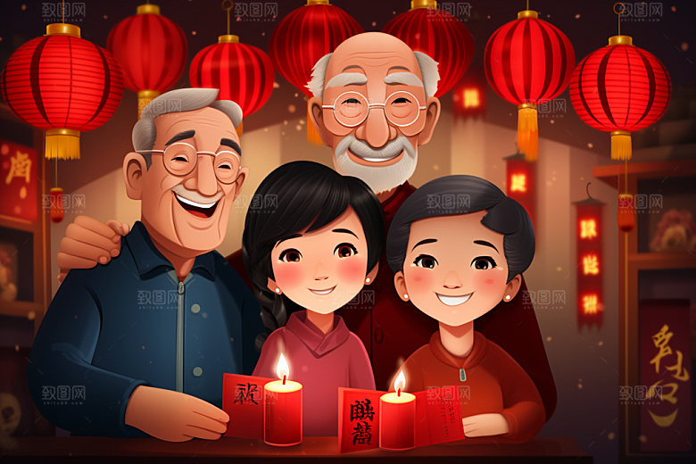 新年一家人过年新春插画