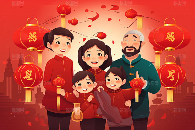 新年一家人春节热闹插画