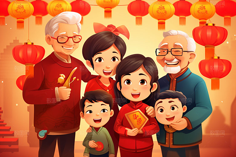 新年一家人春节亲情插画