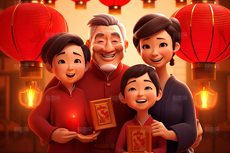 新年一家人春节新春插画