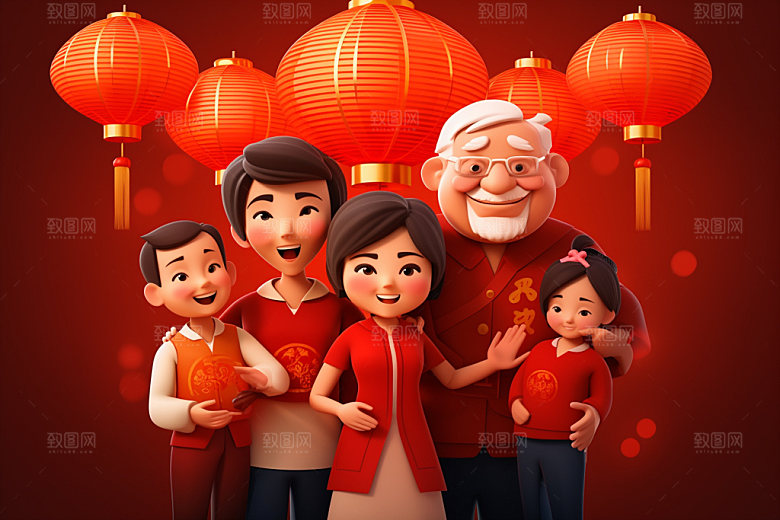 新年一家人新春过年插画