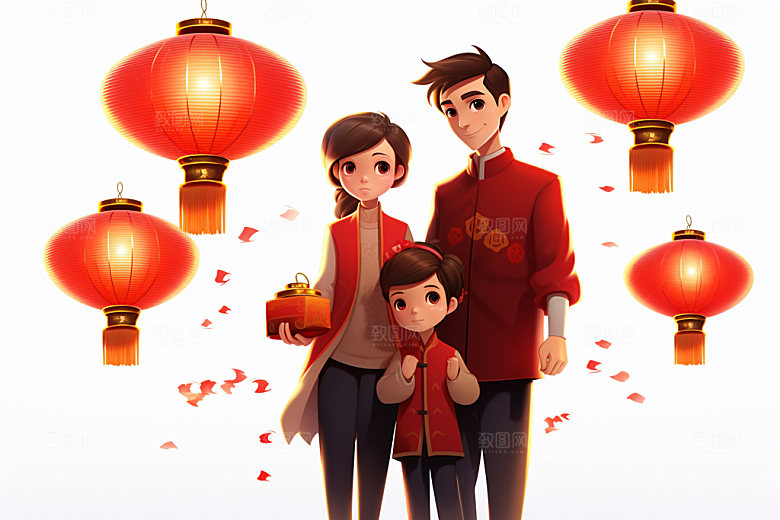 新年一家人新春温馨插画