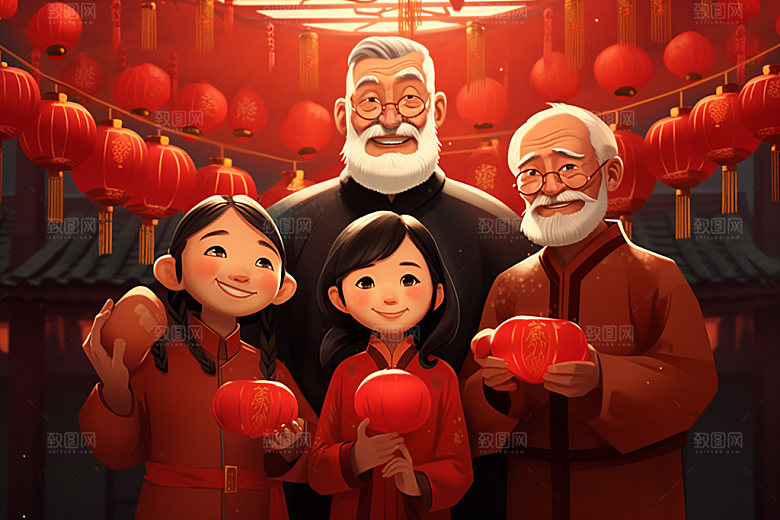 新年一家人手绘新春插画