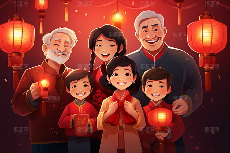 新年一家人春节手绘插画