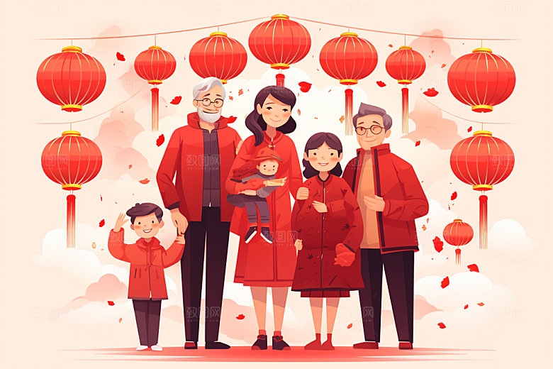 新年一家人热闹欢聚插画