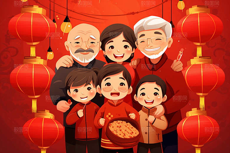 新年一家人亲情新春插画
