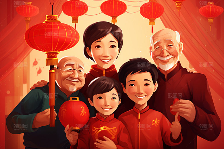 新年一家人过年热闹插画