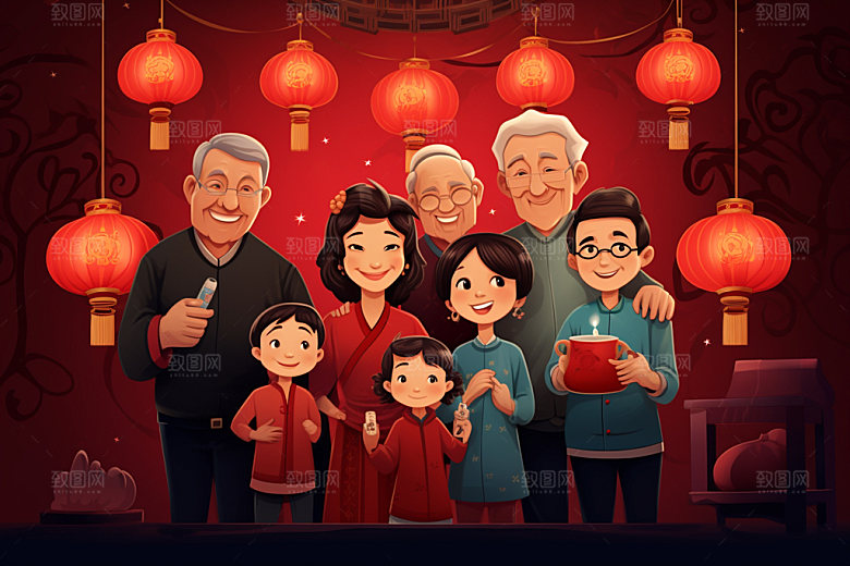 新年一家人新春欢聚插画