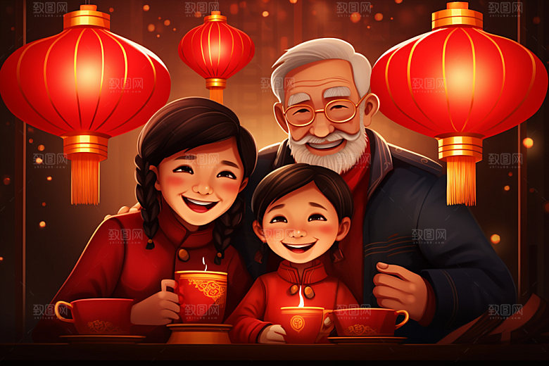 新年一家人热闹喜庆插画