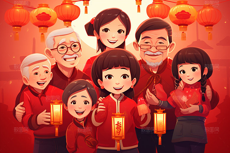 新年一家人春节热闹插画