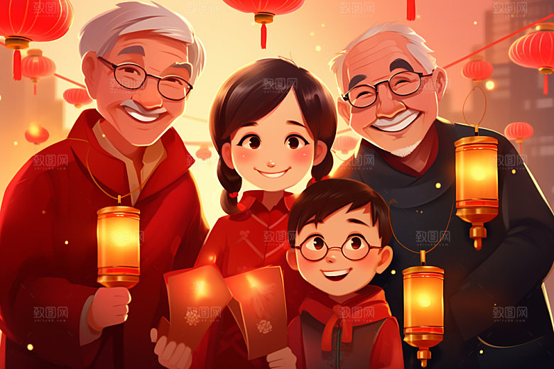 新年一家人新春温馨插画