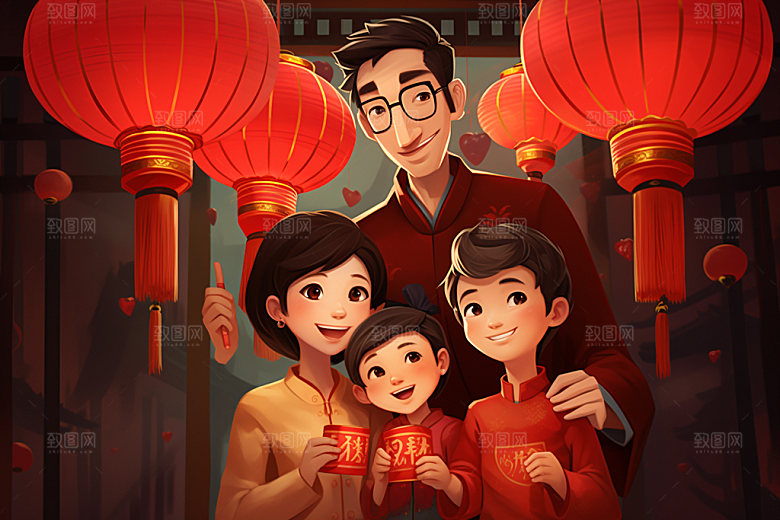 新年一家人亲情热闹插画