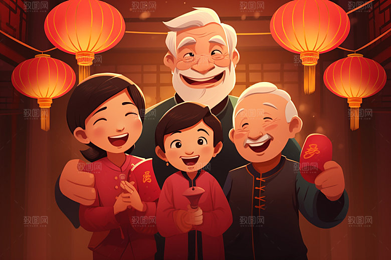 新年一家人温馨热闹插画